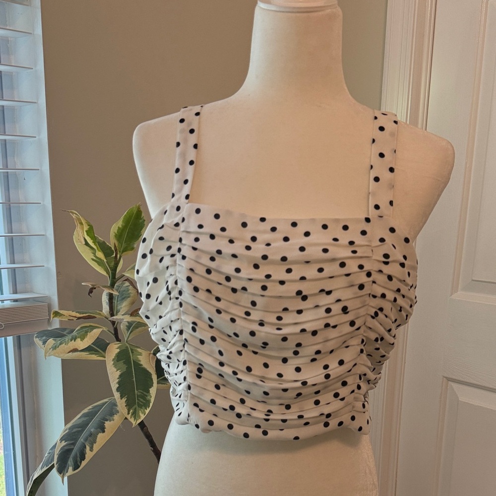 Express White with Black Polka Dots Ruched Tank Top